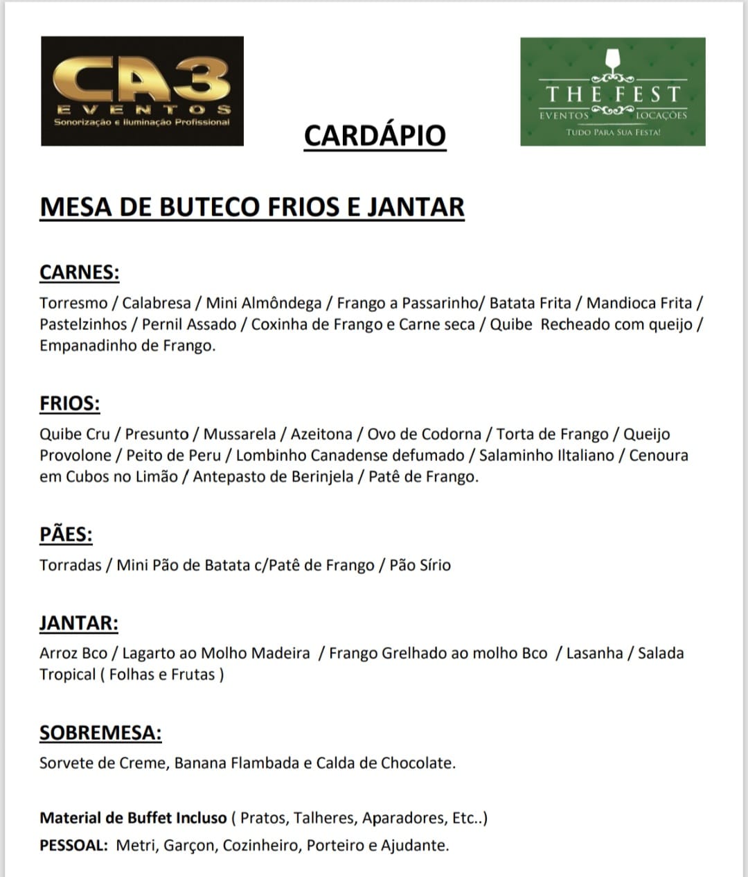 Cardápio oficial — CA3 Eventos e The Fest